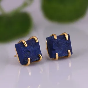 Authentic Rough Lapis Lazuli Gemstone Gold Plated Stud Earring Jewelry For Birthday Gift