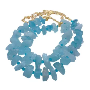 Authentic 2 Rows Natural Blue Aquamarine Rough Raw Bead Gold Plated Chain Necklaces