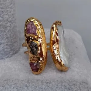 Authentic Freshwater Biwa Pearl Natural Tourmaline Rough Gold Plated Ring Adjustable