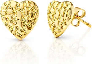 Authentic 18K Gold Plated Rough Textured Heart Shape Nugget Stud Gold Earrings For Men/Wom