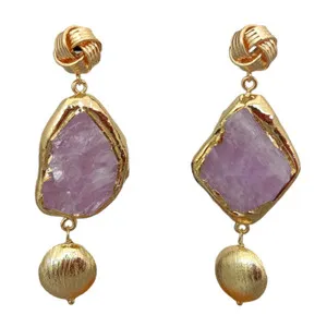 Authentic Pink Natural Kunzite Rough Gold Plated Brushed Bead Dangle Stud Earrings