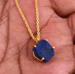 Authentic Yellow Gold Plated Rough Lapis Lazuli Pendent & Necklace Birthday Gift Jewelry