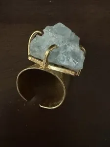 Authentic Gold Tone Multi-Tone Gold Plated Adjustable Cocktail Ring Rough Blue Stone