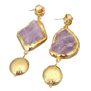 Authentic Natural Pink Kunzite Rough Gold Plated Brushed Bead Dangle Stud Earrings