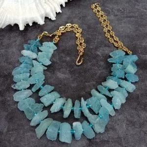 Authentic 21" 2 Rows Natural Blue Aquamarine Rough Raw Bead Gold Plated Chain Necklaces