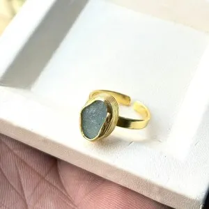 Authentic Beautiful Rough Look Aquamarine Gold Plated Handmade Adjustable Ring For Woman