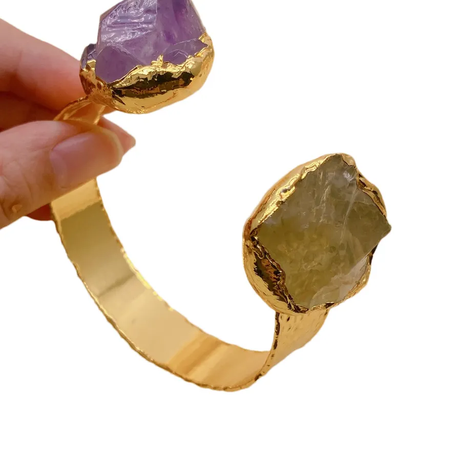 Authentic Celestial Lemon Quartz & Amethyst Druzy Gold-Plated Bangle – Aura Harmonizing Hand Talisman