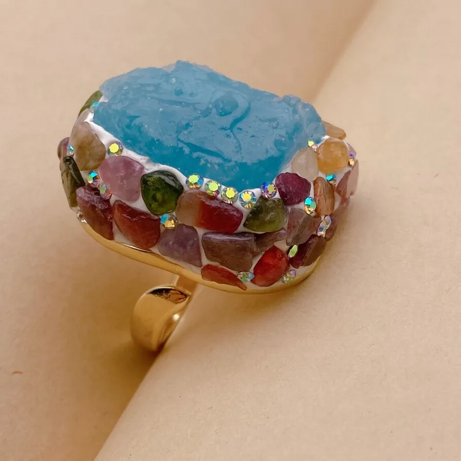Authentic Celestial Azure Ring – Gold‑Plated Handcrafted Aquamarine & Tourmaline Talisman