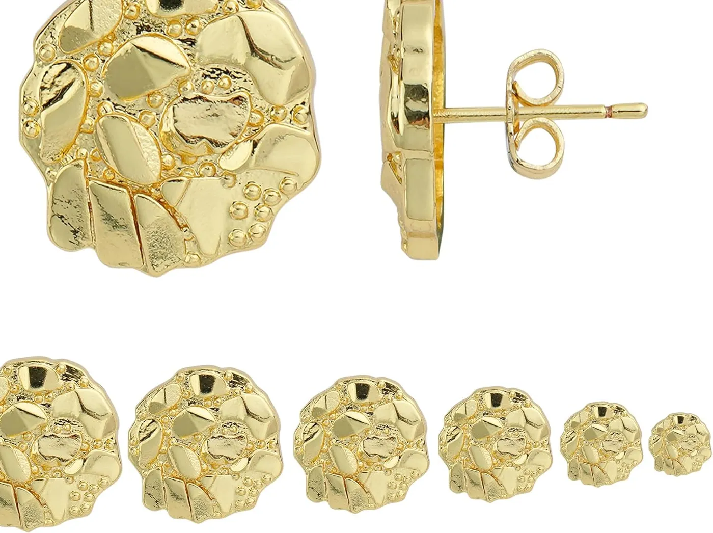 Authentic 14K Gold Plated round Rough Textured Cookie Nugget Stud Earrings for Men/Women U