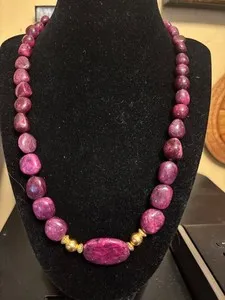 Authentic Stauer ~ Jewelry  Rough 400 Carats Red Ruby Necklace Set Gold plated brass beads