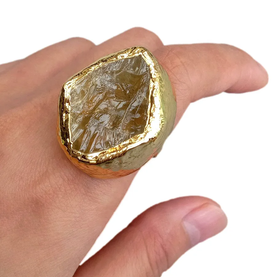 Authentic Natural Yellow Lemon Quartz Rough Finger Rings  Gold Plated Ring Jewelry