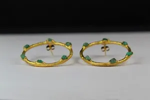 Authentic 24Kt Gold Plated & Natural Colombian Rough Emeralds Hoop Earrings 1.6 in