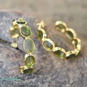 Authentic Natural Rough Moldavite Gold Plated Oval Stone Half Circular Design Hoop Earring