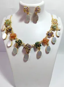 Authentic Multi Stone Rough Necklace Set Wire Wrapped Necklace Gold Plated Jewelry.