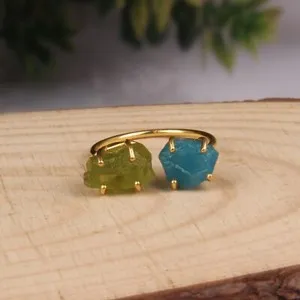 Authentic Rough Gemstone Ring Gold Plated Raw Apatite & Peridot Prongs Set Adjustable Ring