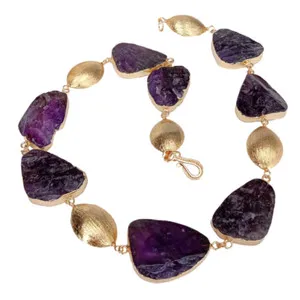 Authentic Purple Color Necklace Amethyst Rough Gold Plated Brushed Beads Choker Necklaces