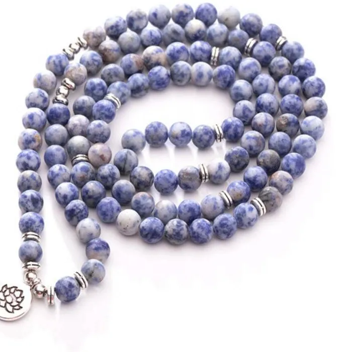 Authentic Natural Sodalite 108 Beads Mala Necklace with Lotus Charm Spiritual Meditation Jewelry