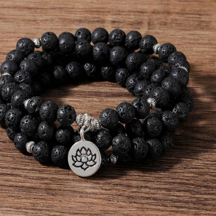 Authentic Natural Lava Rock 108 Beads Mala Bracelet with Lotus Charm Spiritual Aromatherapy Jewelry
