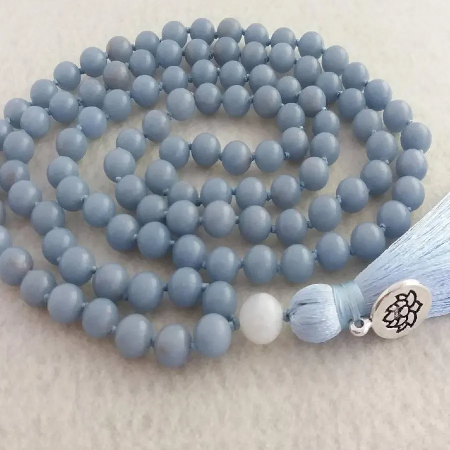 Authentic Natural Angelite 108 Mala Beads Necklace with Lotus Charm & Light Blue Tassel Calm & Purity Healing Crystal Jewelry