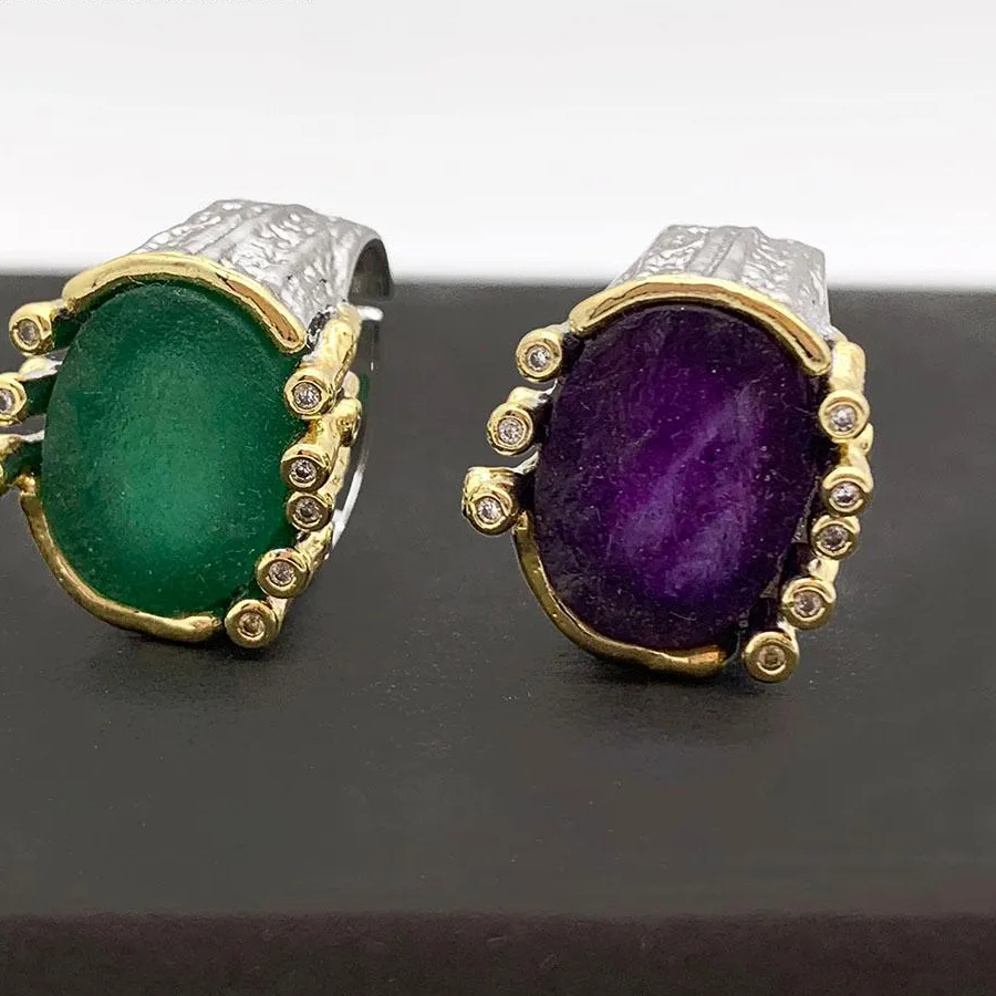 Authentic mankuu natural crystal rough stones oval amethyst aventurine double gold plated adjustable rings for charm women gifts party