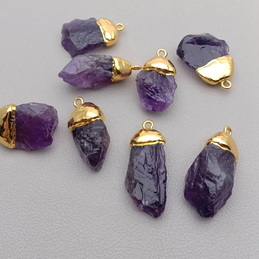 Authentic 5 Pcs Natural Purple Amethyst Rough Pendant Charm Pendant Yellow Gold Plated