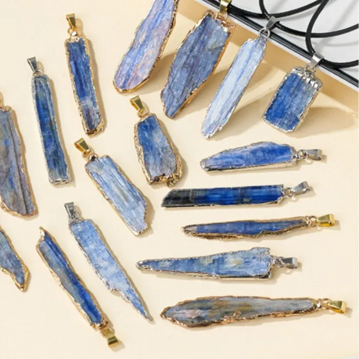 Authentic 6pcs/lot Natural Rough Blue Kyanite Stone Pendants Gold Silver Plated Raw Charms for Jewelry Making Necklace Accessory Findings