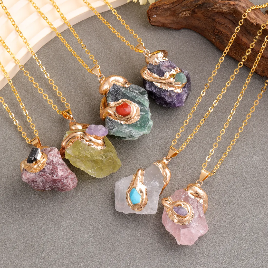 Authentic Raw Natural Stone Pendants, Gold Plated Rough Crystal Charms for DIY Jewelry Making