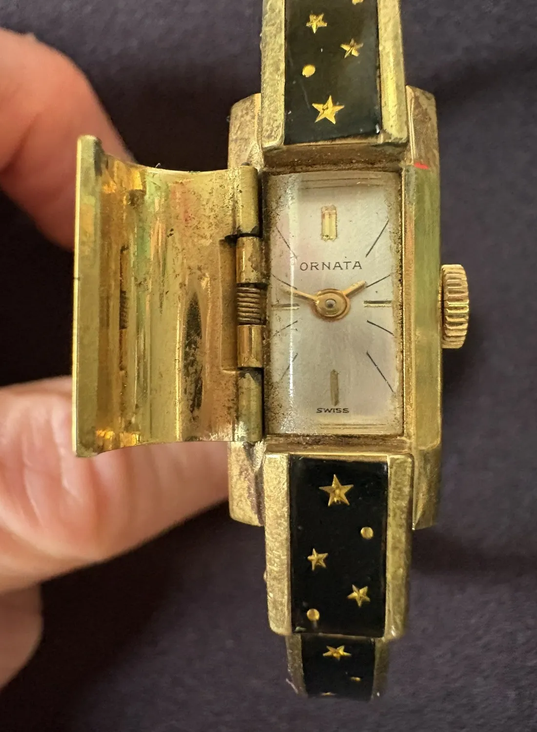 Authentic Ornata Mechanical Swiss Ladies Watch Gold Plated Cuff Band Celestial TESTED