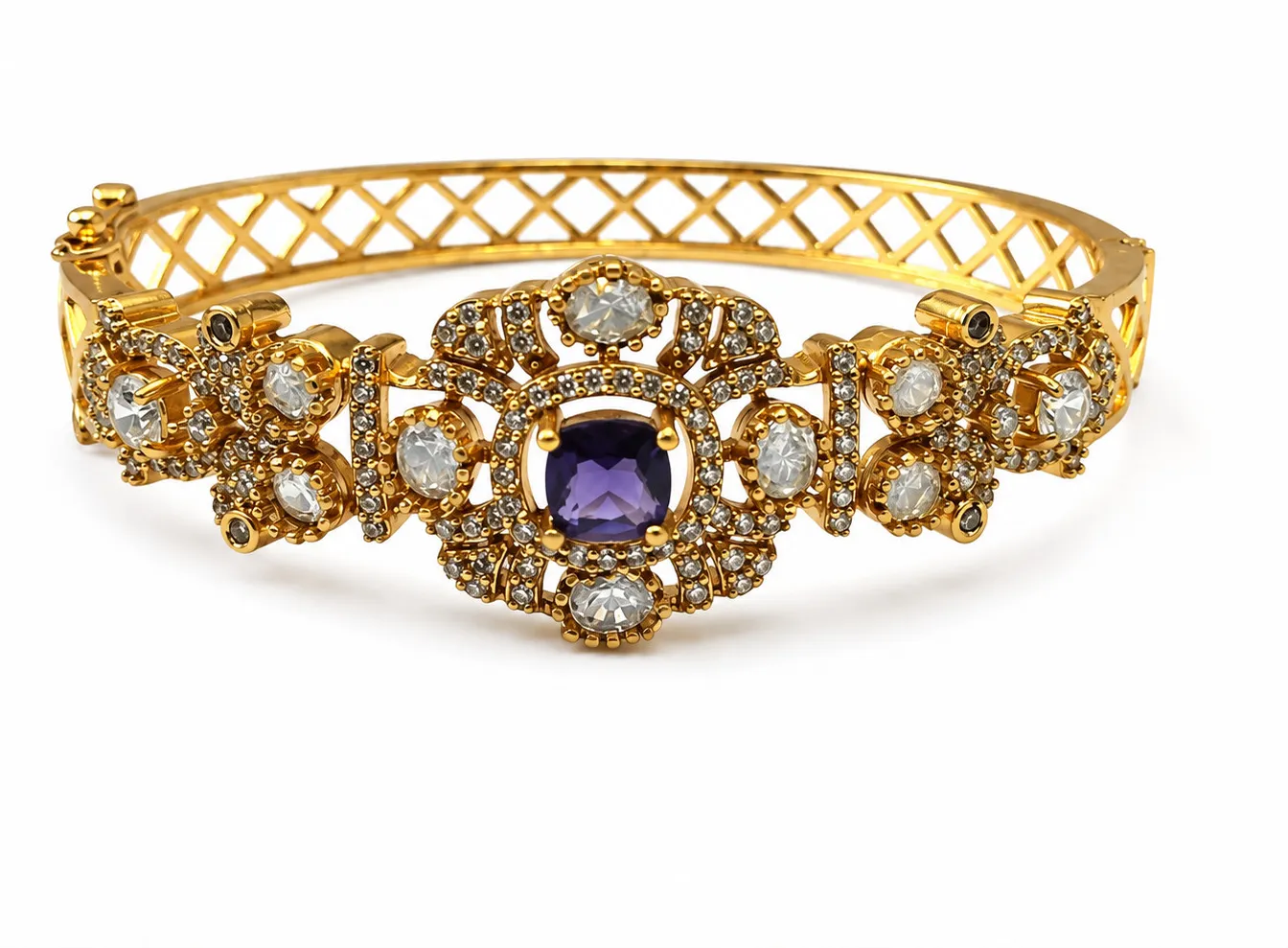 Authentic Gold Plated Floral Cuff Bangle Green Stone Bracelet CZ Wedding Jewelry Gift 116