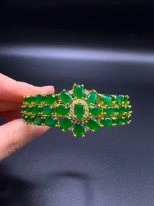 Authentic Gorgeous Green Zircon Cuff Bangle Bracelet Gold Plated Fashion Jewelry Gift