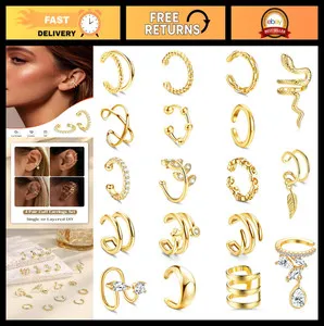 Authentic 18 Pcs Adjustable Ear Cuff Earrings Set, 14K Gold Plated, Non-Piercing Clip-On J