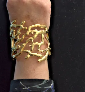 Authentic Kenneth Jay Lane Gold plated coral branch hinged cuff bracelet