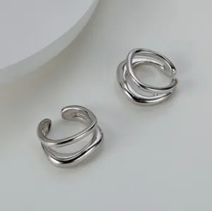 Authentic A Pair 925 Sterling Silver Gold Plated Double Lines Ear Cuff Earrings Women TH6