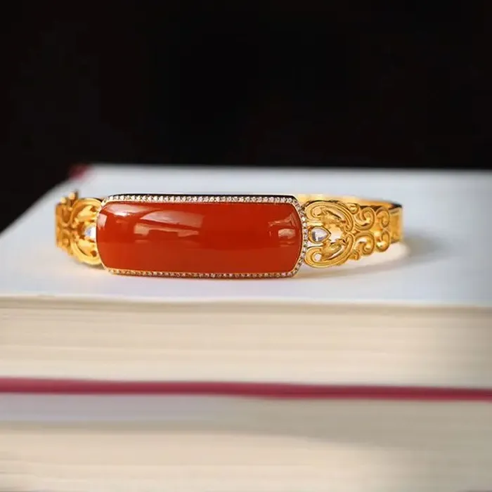 Authentic Southern Red Tourmaline Saddle charm bracelet Court style Ancient gold crafts Exquisite hollow out figured bangles Jewelry