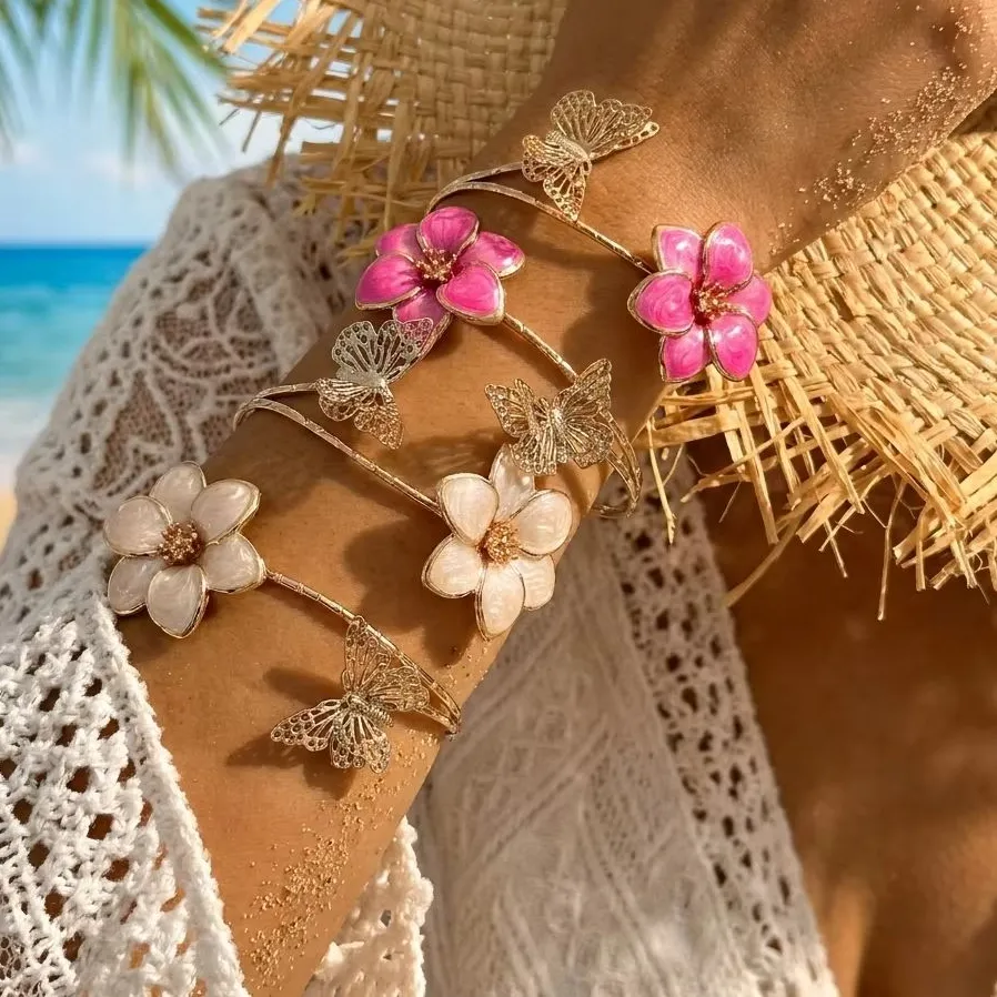 Authentic Elegant Enamel Flower Open Cuff Bracelet For Women Gold Plated Pink White Floral Bangles Beach Party Vacation Wedding Jewelry