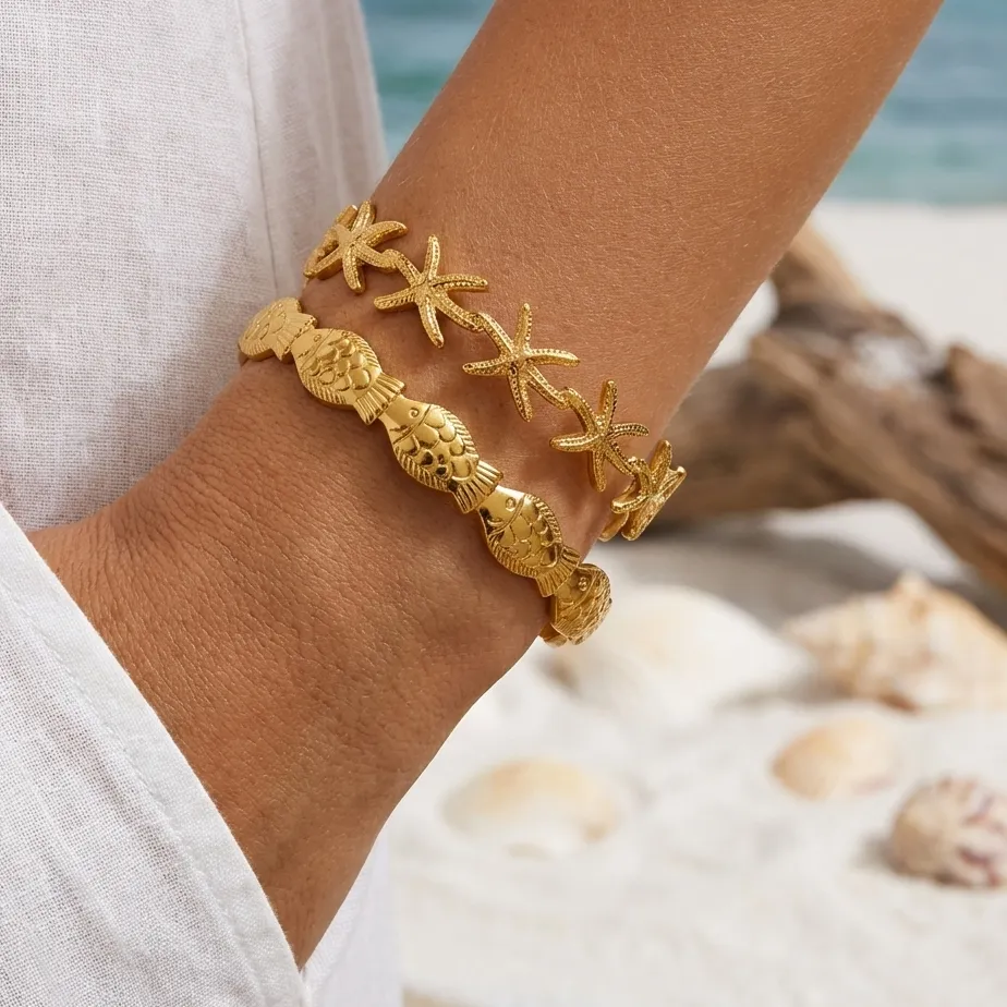 Authentic Summer Ocean Style Fish Shell Starfish Cuff Open Bangle for Women Gold Color Stainless Steel Bracelet Aesthetic Party Jewelry