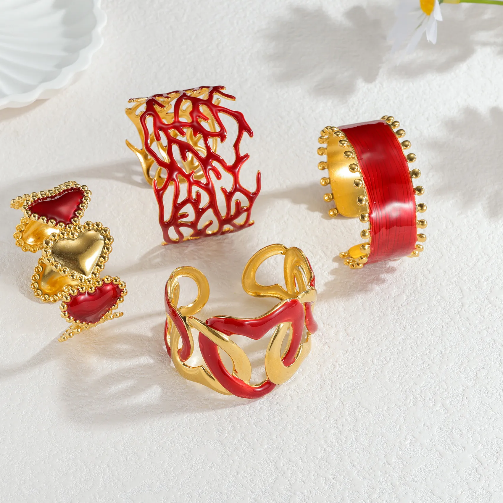 Authentic Classic Retro Gold-plated Stainless Steel Wide Women Bracelet Red Oil Drop Coral Heart Design Charming Christmas Jewelry Gifts