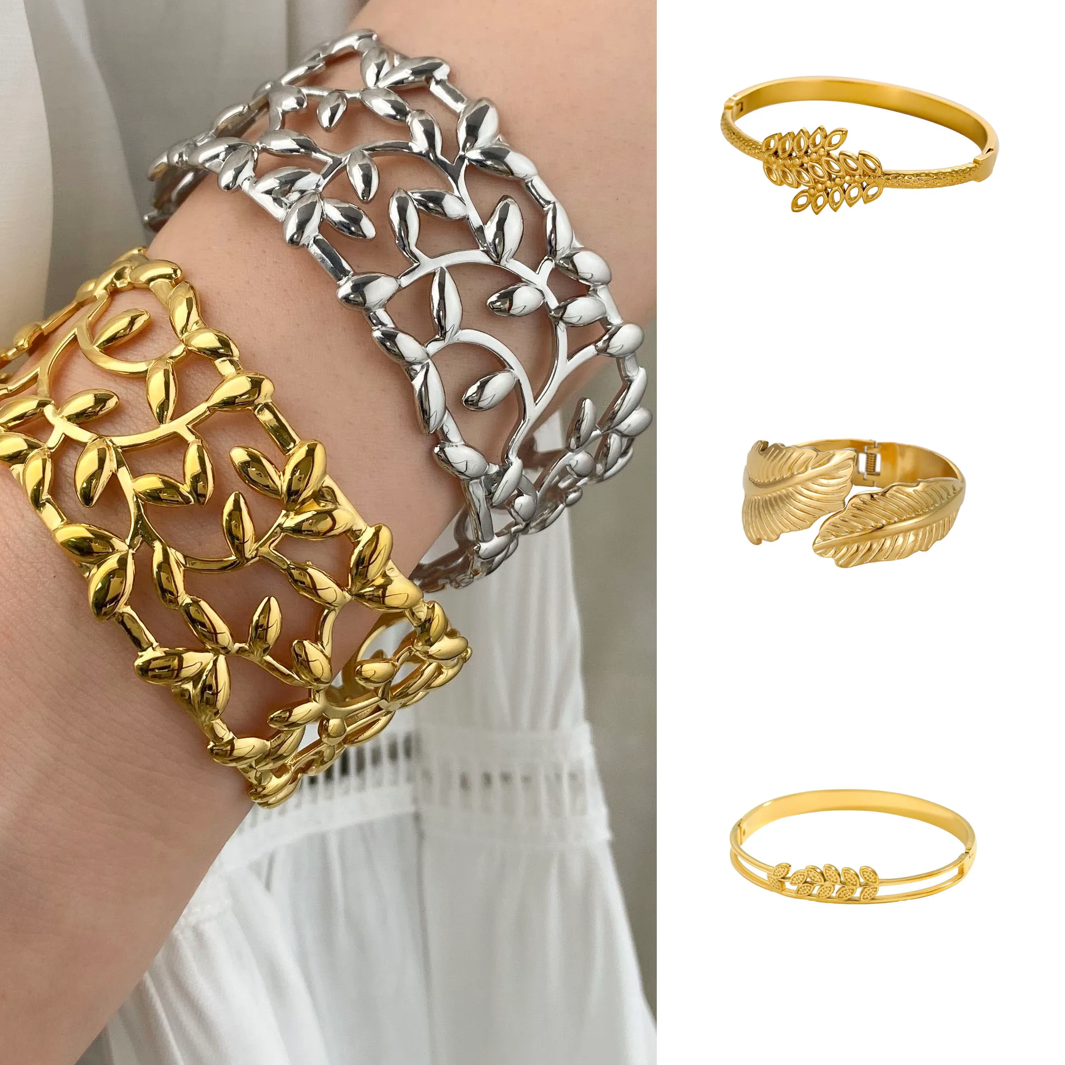Authentic Chunky Gold Color Charm Leaf Wide Stainless Steel Open Cuff Bangles Bracelets for Women Men New Design Wrist Waterproof Jewelry