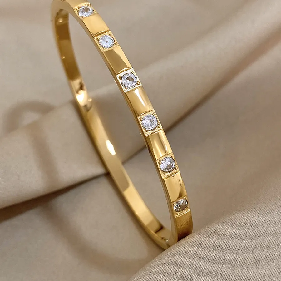 Authentic AENSOA Simple Classic New Gold Plated Stainless Steel Bracelet Inlaid Square Rhinestone Bangle Bracelet Charm Waterproof Jewelry