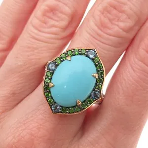 Authentic 925 Sterling Gold Plated Real Turquoise Peridot Blue White Topaz Ring Size 8.25