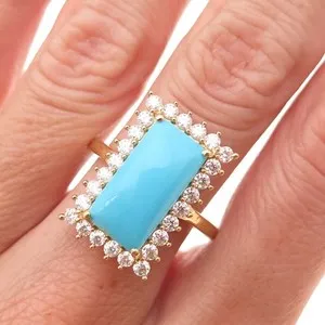 Authentic D'Joy 925 Sterling Silver Gold Plated Real Turquoise & Moissanite Ring Size 8
