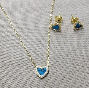 Authentic Turquoise Gold Plated Sterling Silver Heart Necklace 16"+2" & Earring 7mm Set