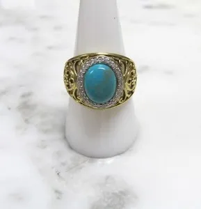 Authentic Turquoise Gold Plated Sterling Silver Ring w/ Ornate Band ~ 6.4g ~ 1-C140