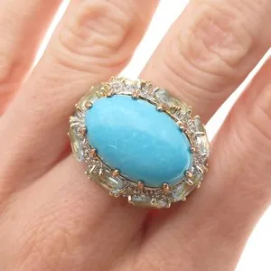Authentic Carol Brodie Sterling Gold Plated Turquoise Blue & White Topaz Ring Size 8.25
