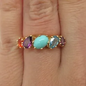 Authentic 925 Sterling Silver Gold Plated Turquoise Opal Topaz Tourmaline Ring Size 5.25
