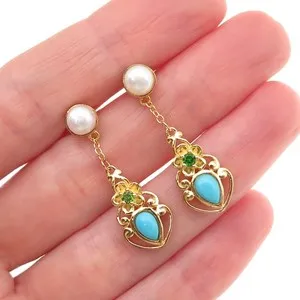 Authentic 925 Sterling Gold Plated Real Turquoise Pearl & Peridot Floral Dangle Earrings