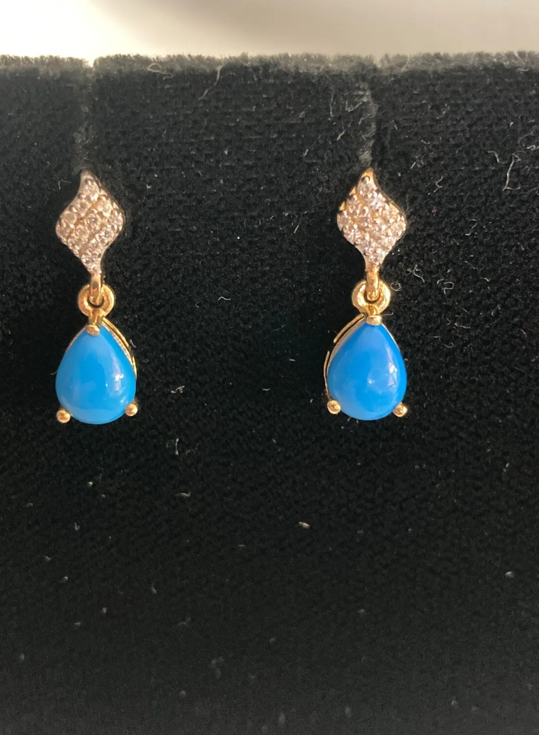 Authentic .925 Sterling Silver Gold Plated Turquoise & Clear Stone Drop/Dangle Earrings