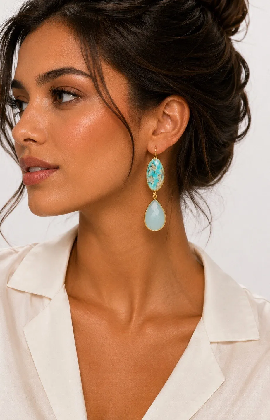 Authentic Celestial Teardrop Earrings – Gold-Plated Turquoise Shell & Sage Glass