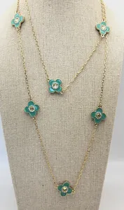 Authentic Turquoise Enamel Flower Station  Necklace 42" Gold Plated Crystal Accent Flapper