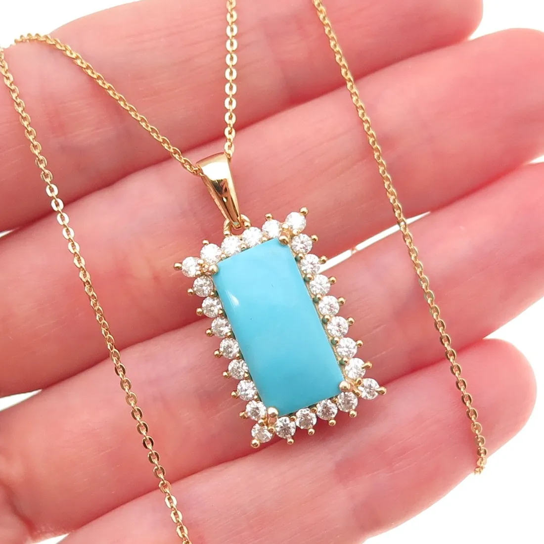 Authentic D'Joy Sterling Silver Gold Plated Real Turquoise & Moissanite Chain Necklace 20"
